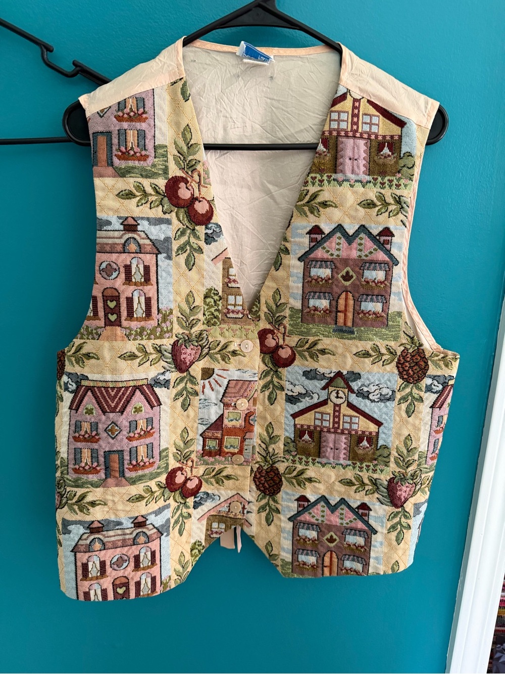 Vintage Tapestry Village Print Vest in Beige, Teal, Pink
